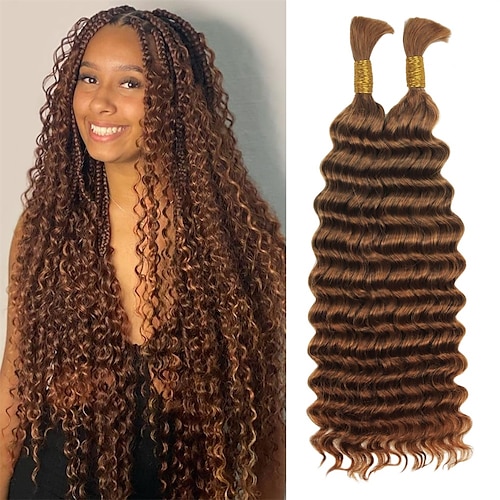 2 Bundle Human Braiding Hair Deep Wave Virgin Human Hair Curly Braiding Hair  For Bohemian Knotless Boho Braids Light Brown No Weft 100 Percent Human Hair  Bundles For Braiding 2024 - $99.39
