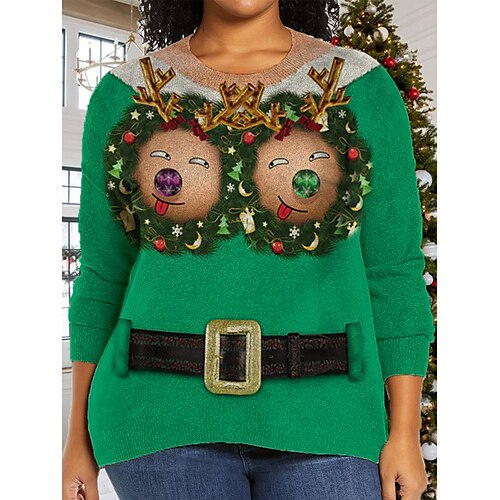 

Mujer feo suéter navideño suéter jersey cuello redondo punto acanalado poliéster estampado otoño invierno regular navidad diario salir elegante tallas grandes casual manga larga estampado rojo verde