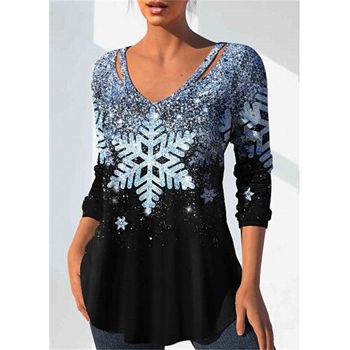 

Women's T shirt Tee Christmas Shirt Black Sparkly Snowflake Cut Out Print Long Sleeve Party Christmas Weekend Festival / Holiday V Neck Regular Fit Painting Spring Fall