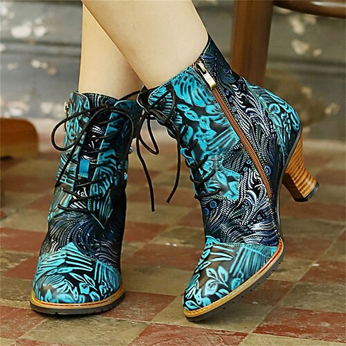 

Women's Boots Handmade Shoes Vintage Shoes Heel Boots Daily Booties Ankle Boots Beading Zipper Stiletto Heel Pointed Toe Vintage Fashion Rubber Zipper Floral Royal Blue