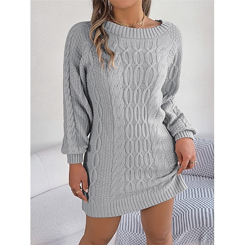 

Damen Pullover Kleid Rundhalsausschnitt Gerippt Stricken Acryl Strick Herbst Winter Lang Outdoor Täglich Ausgehen Stilvoll Brautkleider schlicht Weich Langarm Einfarbig Armeegrün Khaki Grau S M L