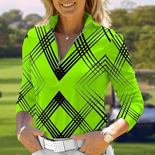 

Mulheres Camisa polo de caminhada Camisa de golfe Respirável Secagem Rápida Pavio Humido Manga Longa Vestuário de golfe Roupas de golfe Normal Zíper Colarinho Alto Geometria Primavera Outono Tênis