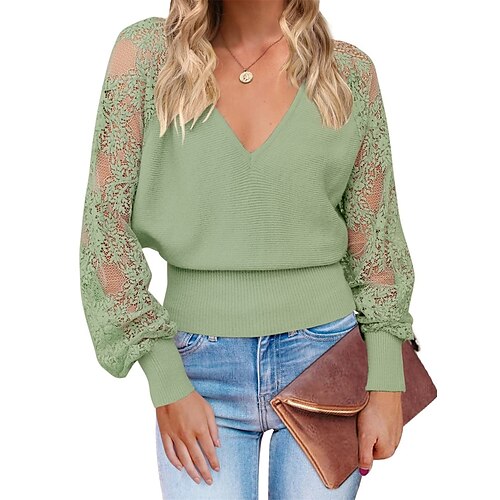 

Pull Maille Femme A côtes Tricoter Normal Patchwork énorme Bloc de couleur Col V mode Décontractées Extérieur du quotidien manche longue Automne Hiver Noir Vert S M L