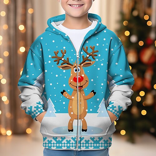  Jongens 3D Kerstman Eland Trui met capuchon Jas Overkleding Lange mouw 3D-afdrukken Herfst Winter Modieus Streetwear Stoer Polyester Kinderen 3-12 jaar Buiten Casual Dagelijks Normale pasvorm