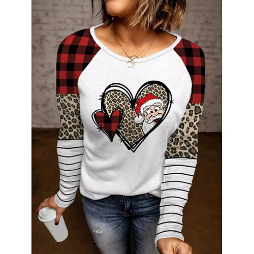 

Mujer Camiseta Camisa de Navidad Blanco Leopardo Corazón Papá Noel Estampado Manga Larga Navidad Fin de semana Festival / Vacaciones Escote Redondo Ajuste regular Pintura Primavera Otoño