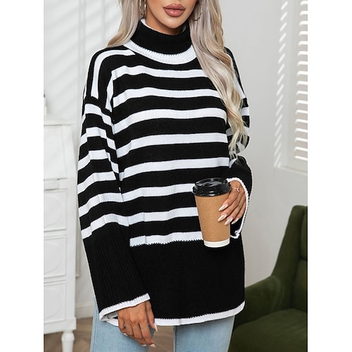 

Pull Femme A côtes Tricoter Col Roulé Acrylique Poche Fendu Tricoté Automne Hiver Normal Extérieur du quotidien Sortie mode Décontractées Flexible manche longue Rayé Noir Rouge Abricot S M L