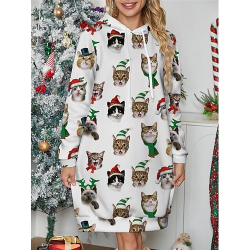 

Mulheres Vestido casual Vestido com capuz Minivestido Quente Moda Ao ar livre Natal Feriado Capuz Imprimir Animal Ajuste Largo Branco S M L XL XXL