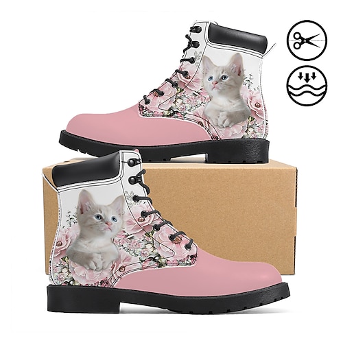 

Botas cortas cálidas y resistentes al viento con estampado gráfico 3D de gatito para mujer con flores rosas