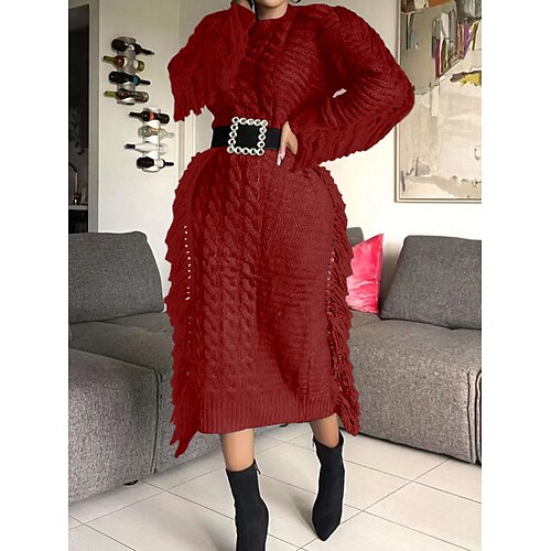 

Damen Pullover Kleid Rundhalsausschnitt Gerippt Stricken Acryl Quaste Strick Herbst Winter Lang Outdoor Täglich Ausgehen Stilvoll Brautkleider schlicht Weich Langarm Einfarbig Schwarz Weiß Wein S M L