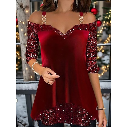 

Christmas Shirt Women's T shirt Tee Velvet Sparkly Black Red Blue Sequins Long Sleeve Party Christmas Weekend Festival / Holiday V Neck Regular Fit Spring & Fall