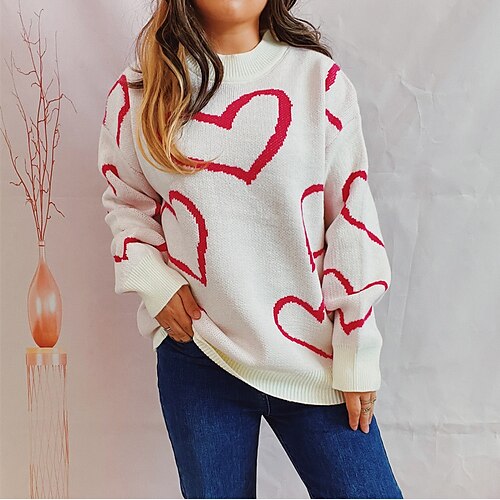 

Damen Pullover Strickwaren Grobstricken Stricken Standard Bedruckt Herz Rundhalsausschnitt Stilvoll Elegant Täglich Valentinstag Frühling Herbst Schwarz Gelb Rosa S