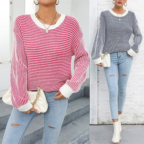 

Pull Maille Femme A côtes Tricoter Normal Patchwork Bandes Rayé Col Ras du Cou mode Décontractées Extérieur du quotidien manche longue Automne Hiver Bleu Fuchsia S M L