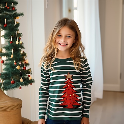 

Natal Para Meninas 3D Árvore de Natal Listra Camiseta Camisa Manga Longa Impressão 3D Outono Inverno Ativo Moda Estilo bonito Poliéster Infantil 3-12 anos Gola Redonda Ao ar livre Casual Diário Normal