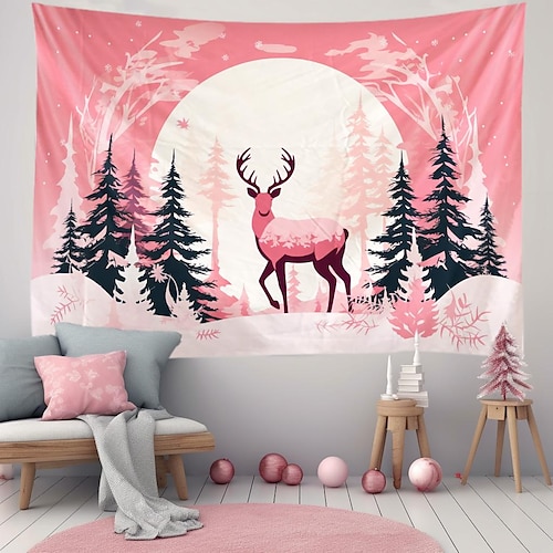 

Weihnachten rosa Elch hängende Wandteppich Wandkunst Weihnachten große Wandteppich Wanddekoration Foto Hintergrund Decke Vorhang Zuhause Schlafzimmer Wohnzimmer Dekoration