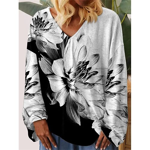 

Women's T shirt Tee White Purple Floral Print Long Sleeve Holiday Weekend Fashion V Neck Regular Fit Floral Painting Spring Fall