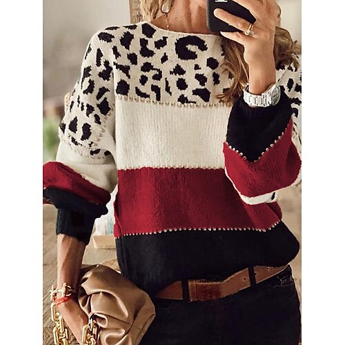 

Mujer Suéter de punto Puente Estriado Tejer Regular Retazos Leopardo Cuello Barco Elegante Casual Exterior Diario Otoño Invierno Rojo Azul Piscina S M L