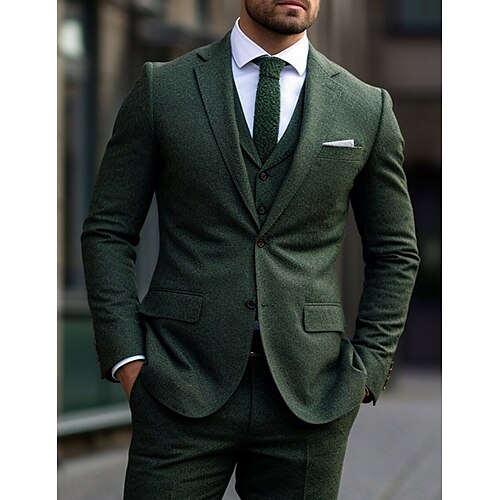 

Trajes de tweed de boda para hombre, color verde oscuro, color sólido, 3 piezas, retro, vintage, corte entallado, un solo pecho, dos botones, 2023