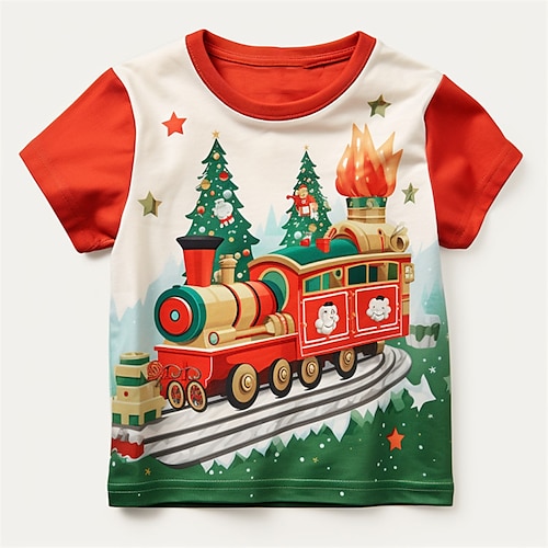 

Weihnachten Jungen 3D-Zug-Shirt T-Shirt Kurzarm 3D-Druck Herbst aktiv Sport Mode Polyester Kinder 3–12 Jahre draußen lässig täglich normale Passform