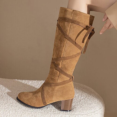 

Mulheres Saltos Botas Tamanhos Grandes Botas de salto Ao ar livre Diário Botas Longas Salto Robusto Ponta Redonda Vintage Elegante Sensual Camursa Sintética zíper Côr Sólida Preto Amarelo Marron