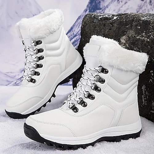 

Women's Boots Snow Boots Waterproof Boots Plus Size Daily Solid Color Fleece Lined Booties Ankle Boots Winter Flat Heel Round Toe Casual Comfort PU Elastic Band Wine Black White