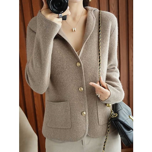 

Damen Strickjacke Hemdkragen Gerippt Stricken Polyester Taste Tasche Strick Herbst Winter Kurz Outdoor Täglich Ausgehen Stilvoll Brautkleider schlicht Weich Langarm Feste Farbe Purpur Beige S M L