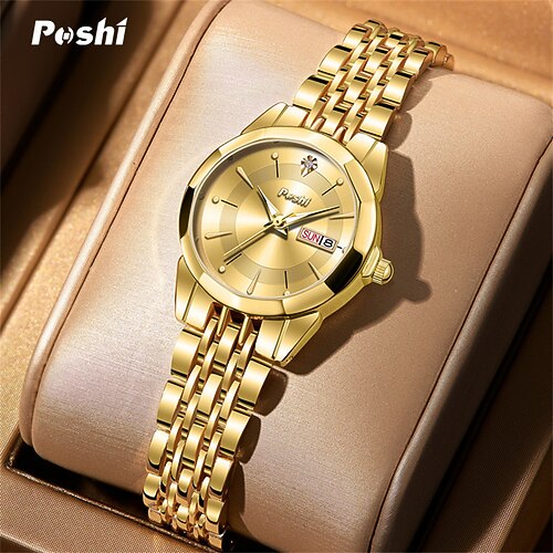 

Poshi Damen-Quarzuhr, minimalistische Mode, lässige Armbanduhr, leuchtender Kalender, wasserdichte Dekoration, Edelstahluhr