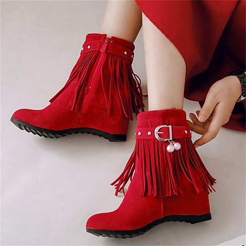 

Mulheres Botas Borla Tênis Tamanhos Grandes Sapatos Aumentam Altura Ao ar livre Diário Forrada com Fleece Botas Botas Tornozelo Pérolas Sintéticas Tachas Mocassim Calcanhar escondido Ponta Redonda