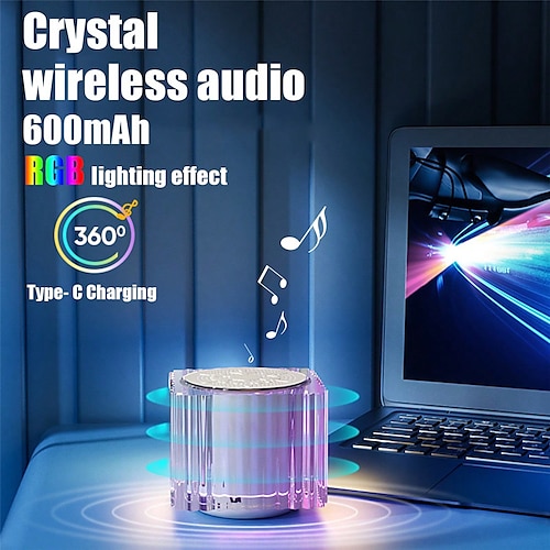 

Luz LED de cristal ambiental RGB, sonido envolvente 360, mini altavoz inalámbrico multifuncional inteligente portátil con radio FM y soporte para tarjeta TF