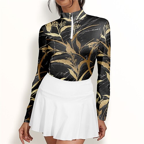 

Femme T-shirt POLO Chemise de golf Respirable Séchage rapide Evacuation de l'humidité manche longue Vêtements de golf Top Standard Zippé Col Montant Feuille Printemps Automne Tennis Le golf Pickleball