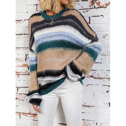 

Women's Pullover Sweater Jumper Crew Neck Ribbed Knit Polyester Patchwork Fall Winter Regular Outdoor Daily Going out Stylish Casual Soft Long Sleeve Color Block Striped Blue S M L