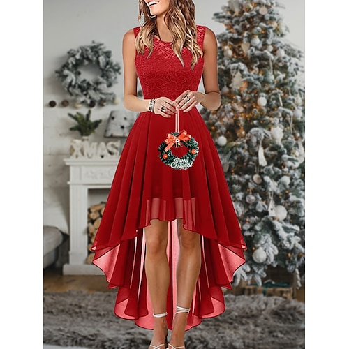 

Vestido de fiesta de cóctel para mujer, vestido de encaje, vestido oscilante, vestido largo, vestido largo, negro, rosa, vino, sin mangas, encaje de color puro, otoño, primavera, verano, cuello