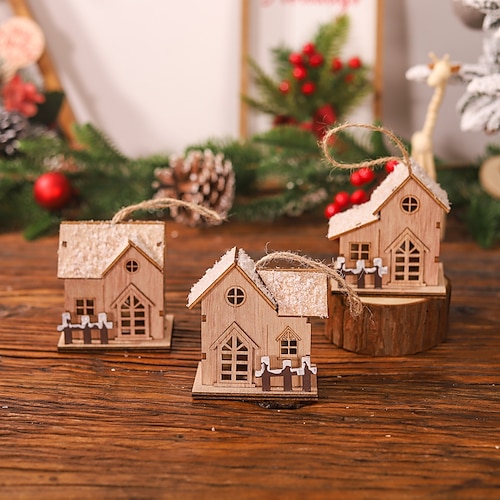 

Christmas Wooden Light Up Small House Creative Tabletop Decoration Cabin Christmas Tree Hanging Ornaments.