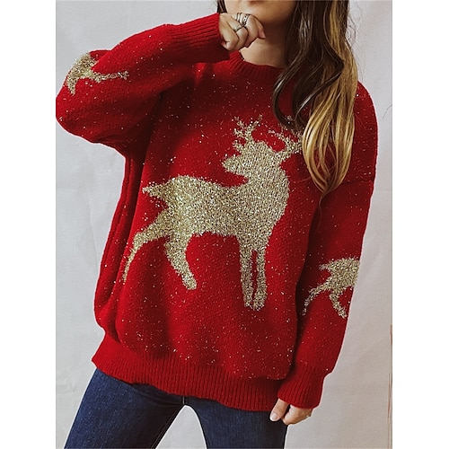 

Women's Ugly Christmas Sweater Pullover Sweater Jumper Crew Neck Ribbed Knit Acrylic Oversized Fall Winter Regular Outdoor Xmas Daily Stylish Casual Soft Long Sleeve Elk Red Beige S M L