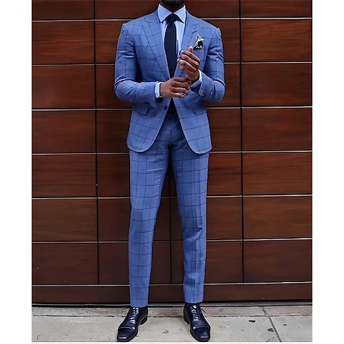 

Costume Homme Mariage Ensemble 2 pièces Bleu À carreaux Coupe Sur-Mesure Droit deux boutons 2023