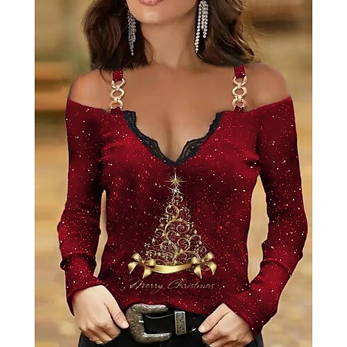 

Women's Blouse Christmas Shirt Christmas Tree Black Red Blue Lace Trims Print Long Sleeve Party Christmas Casual Festival / Holiday V Neck Regular Fit Cold Shoulder Spring & Fall