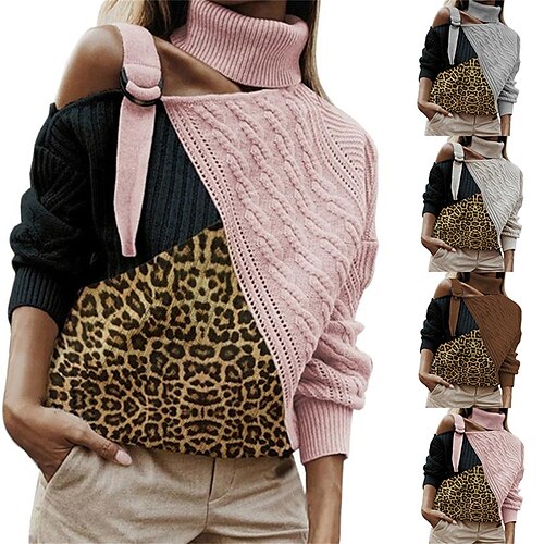 

Pull Femme A côtes Tricoter Col Roulé Acrylique Patchwork Accueil froid Automne Hiver Normal Extérieur du quotidien Sortie mode Décontractées Flexible manche longue Léopard Rose Claire Marron Abricot