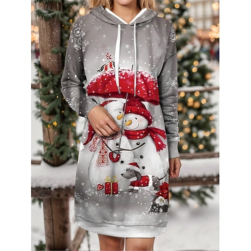 

Robe de Noël Robe Sweat Femme Mini robe Extérieur Noël Vacances manche longue Sweat à capuche Imprimer Chaud Mode Bonhomme de neige Ample Bleu Violet Kaki S M L XL XXL