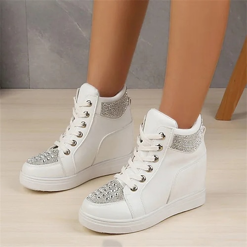 Women's White Rhinestone Wedge Sneakers – Faux Leather High Top