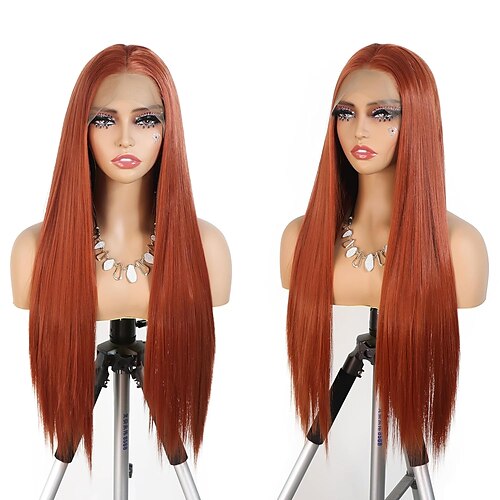 

Cobre vermelho parte livre cabelo macio longo reto perucas sintéticas fibra de alta temperatura cabelo sintético peruca dianteira do laço cosplay para perucas femininas