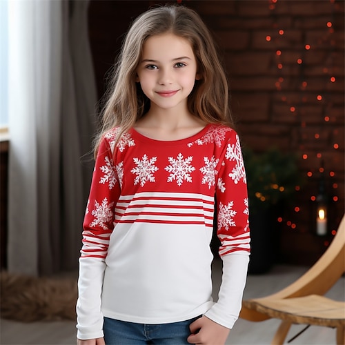 

Natal Para Meninas 3D Listra Floco de Neve Camiseta Camisa Manga Longa Impressão 3D Outono Inverno Ativo Moda Estilo bonito Poliéster Infantil 3-12 anos Gola Redonda Ao ar livre Casual Diário Normal