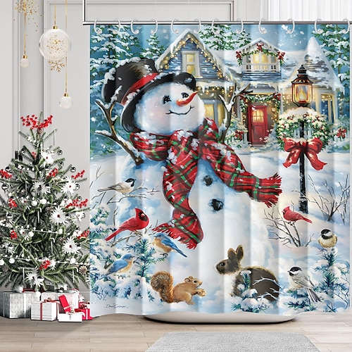 

Christmas Shower Curtain with Hooks Bathroom Decor Waterproof Fabric Shower Curtain Set with12 Pack Plastic Hooks