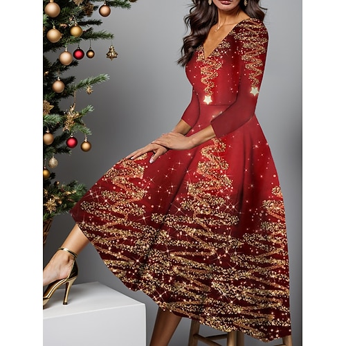 

Женское красное рождественское праздничное платье, коктейльное платье, винно-синее, коричневое, с рукавами 3/4, с принтом и карманом, глубокий v-образный вырез, модное зимнее платье