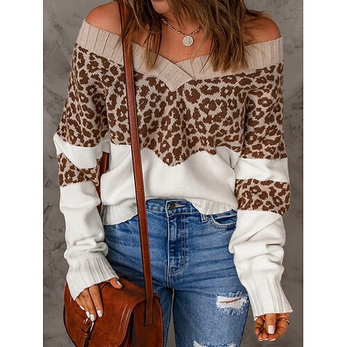 

Damen Pullover Schulterfrei Gerippt Stricken Polyester Patchwork Herbst Winter Standard Outdoor Täglich Ausgehen Stilvoll Brautkleider schlicht Weich Langarm Leopard Schwarz Weiß S M L