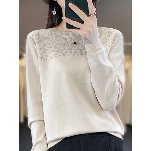 

Damen Pullover Rundhalsausschnitt Gerippt Stricken Polyester Strick Herbst Winter Standard Outdoor Täglich Festtage Modisch Strassenmode Brautkleider schlicht Langarm Feste Farbe Weinrot Schwarz Weiß
