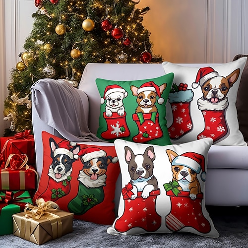 

Calcetín navideño para perros, funda de almohada de doble cara, 4 piezas, funda de cojín cuadrada decorativa suave, funda de almohada para dormitorio, sala de estar, sofá, silla