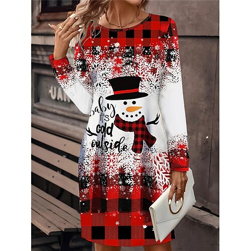 

Robe à carreaux Robe de Noël Femme Mini robe Extérieur Noël Vacances manche longue Col Ras du Cou Imprimer Actif Mode Géométrique Bonhomme de neige Ample Vin Rouge Bleu S M L XL XXL