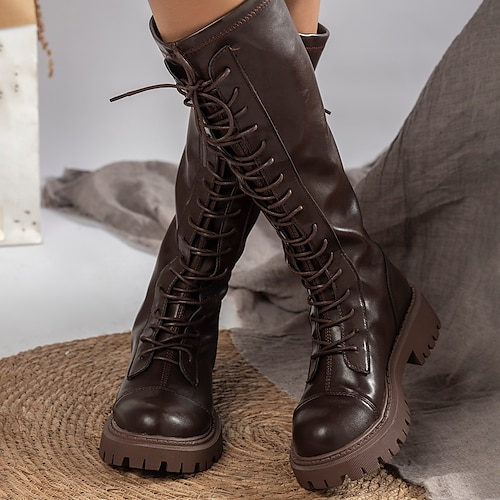 

Mulheres Botas Botas de Moto Botas de trabalho Botas de Montaria Ao ar livre Diário Botas Longas Cadarço Sem Salto Ponta Redonda Vintage Casual Minimalismo Couro Sintético zíper Banda Elástica Côr