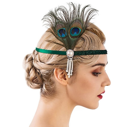

1920er-Jahre-Kopfbedeckung, Flapper-Stirnband, Perlen-Pfauenfeder-Haarband, tolles Gatsby-Accessoire für Frauen, errötendes Rosa