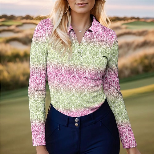 

Mulheres Camisa polo de caminhada Camisa de golfe Pólo de botões Respirável Secagem Rápida Pavio Humido Manga Longa Vestuário de golfe Roupas de golfe Normal Estampado Primavera Outono Tênis Golfe