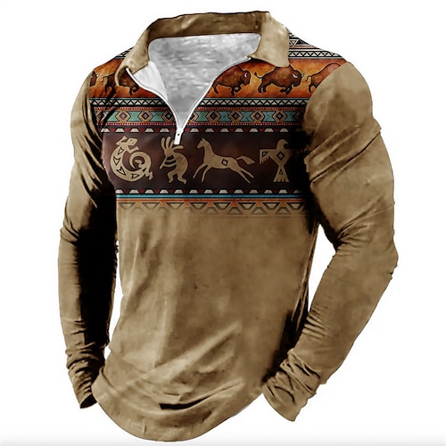 

Étnico Vintage Hombre 3D Estampado polo con cremallera polo de golf Exterior Casual Diario Ropa de calle Poliéster Manga Larga Cuello Vuelto Zip Camisas de polo Marrón Gris Otoño invierno S M L